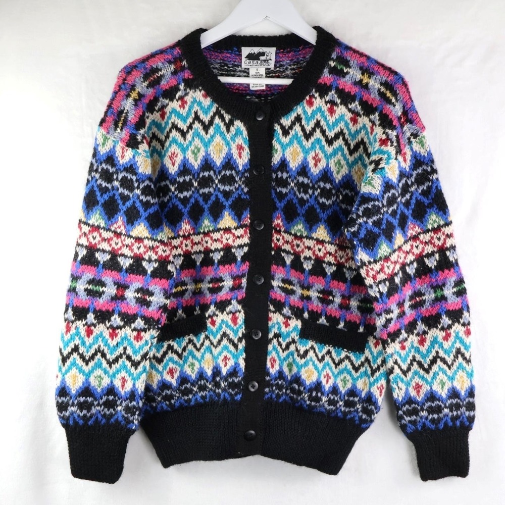 Vintage Casa 100% Alpaca Wool Fair-Isle Knit Cardigan Sweater Sz Small Cozy